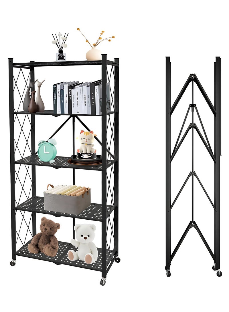 رف تخزين قابل للطي بخمسة مستويات مع عجلات، رف تنظيم متحرك محمول للمنزل والمطبخ والمكتب. - Image 1